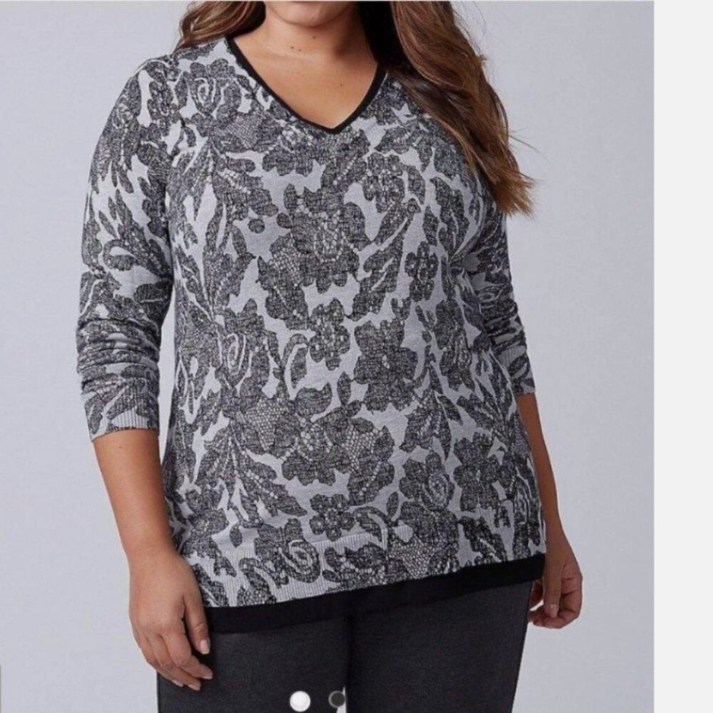 Lane Bryant Gray Black Floral‎ V Neck Stretch Top Size 18/20